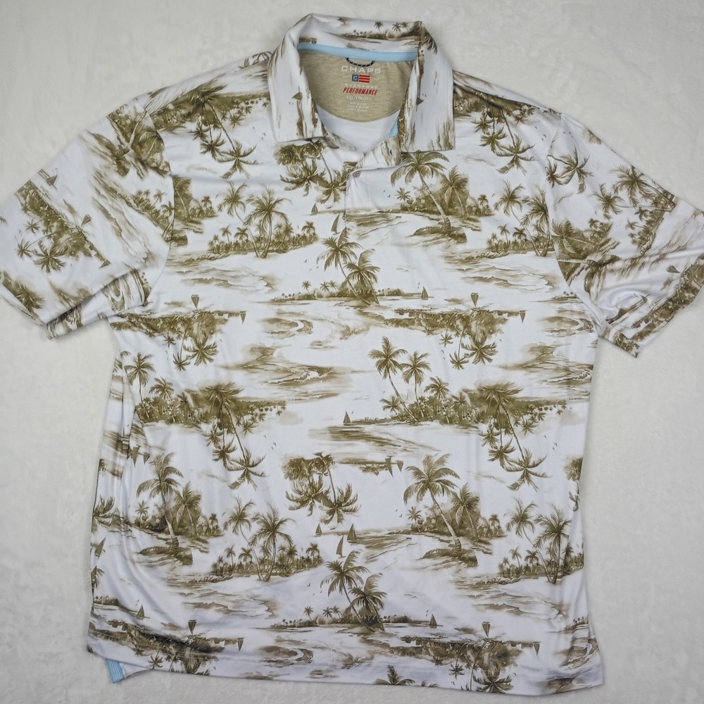 Chaps Performance Mens XL Polo Shirt Tropical Island Palm Tree White Green‎ XL